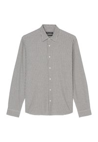 Camicia a maniche lunghe a scacchi bianco e nero con colletto a punta e bottoni. Presenta una vestibilità aderente e polsini con bottoni.