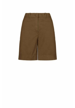 Braune, hoch taillierte, maßgeschneiderte Shorts mit Gürtelschlaufen, Frontreißverschluss und geradem Schnitt, der oberhalb des Knies endet.