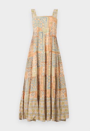 Bezrūtainas maksi kleita ar kvadrātveida izgriezumu, ko rotā pasteļtoņu oranžu, zilu un zaļu ziedu un ģeometrisku izšuvumu raksti.