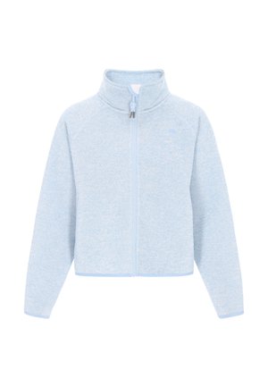 Lichtblauwe ritsjack met een hoge kraag, gestructureerde stof en contrasterende lichtblauwe afwerking langs de manchetten en de zoom.