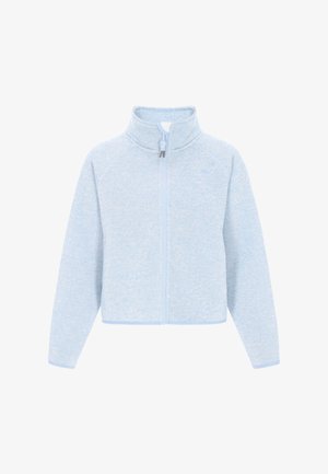 Svetlo modra jakna z zadrgo in visokim ovratnikom, strukturirana tkanina ter kontrastni svetlo modri obroči ob manšetah in robu.