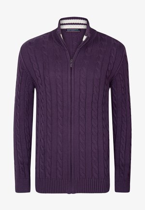 Lila gestrickte Zip-Up-Kardigan mit Kabelmuster, gerippten Bündchen und Saum, ausgestattet mit einem weißen gestreiften Kragen. Gemütlicher und strukturierter Stoff.