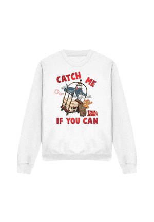 White sweatshirt with Tom and Jerry chasing each other on a hotel luggage cart, text reads "Catch me if you can."