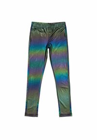 Holografiske leggings med en gradient af grøn, blå og lilla nuancer. Elastisk talje og glat, shiny overflade med minimale sømme.