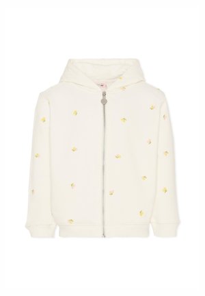 Biała bluza z kapturem zapinana na zamek, ozdobiona drobnym kwiatowym haftem w kolorach żółtym i różowym, wykonana z miękkiego, teksturowanego materiału.