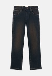 Mörkblå denim jeans med rak passform, fem fickor, kontrasterande gula sömmar och knäppning i midjan.
