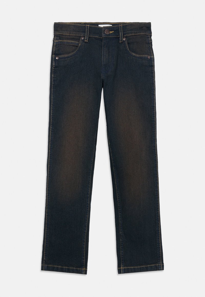 Tumedat sinise teksad sirge lõikega, viie taskuga, kontrastset kollast pistetööd ja nööpiga kinnitust vöökohtadel.