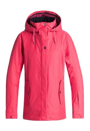 Pink waterproof jacket with a hood, front zip closure, two side pockets, and drawstrings. Features a smooth texture and tailored fit.