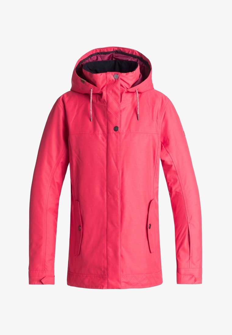 Pink waterproof jacket with a hood, front zip closure, two side pockets, and drawstrings. Features a smooth texture and tailored fit.