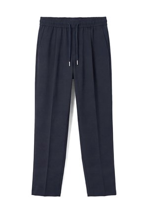 Pantaloni blu navy aderenti con vita elasticizzata e coulisse, con tasche laterali e sottili pieghe sul davanti.