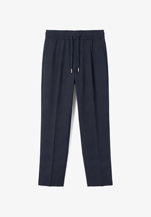 Marineblaue, schmal zulaufende Hose mit elastischem Bund und Kordelzug, seitlichen Taschen und dezenten Falten vorne.