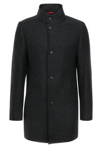 Manteau pour homme en laine texturée gris foncé avec col montant et cinq boutons noirs sur le devant, manches longues et longueur jusqu'à mi-cuisse.