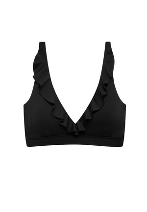 Top de bikini negru cu un decolteu adânc în formă de V, având o margine volanată de-a lungul muchiilor. Material neted, fără alte ornamente suplimentare.
