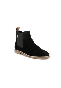 Stivale alla caviglia in suede nero con pannelli laterali elasticizzati, un insert in cuoio marrone e una suola marrone chiaro. Punta arrotondata e texture liscia.