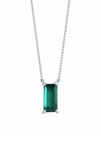 Zawieszka z tealm o szlifie emerald na srebrnym łańcuszku, z czterema osadzeniami na prętach i delikatnym wzorem ogniwa.