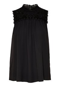 Top senza maniche nero con un alto colletto in pizzo, silhouette fluida e corpetto plissettato. Materiale morbido e traslucido con dettagli in pizzo intricati.
