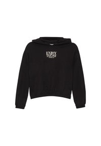 Hoodie corto nero con maniche lunghe, polsini elasticizzati e cappuccio con drawstring. Presenta la scritta "ENJOY TODAY" di colore crema sulla parte anteriore.