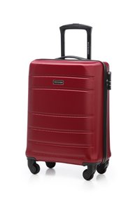 Roter Hartschalenkoffer mit vier schwarzen Spinner-Rädern, ausziehbarem Griff, Seitenverschluss und horizontalen Rillen, Marke "Wittchen".