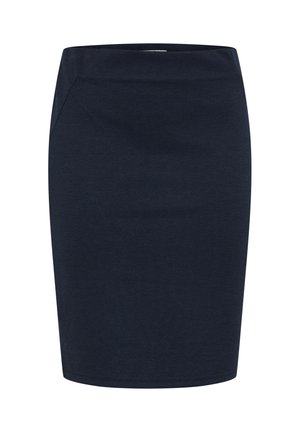 Jupe crayon bleu marine jusqu'aux genoux, confectionnée dans un tissu lisse, dotée d'une taille haute et de coutures latérales discrètes pour une silhouette ajustée.