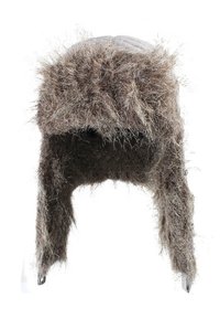 Brown and gray faux fur trapper hat with ear flaps, designed for cold weather warmth and comfort.