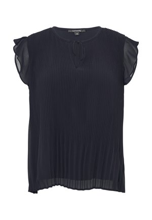 Granatowa bluzka z plisowaniami, z krótkimi przezroczystymi rękawami, okrągłym dekoltem i wiązaniem przy szyi; lekka tkanina o zwiewnym kroju.