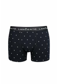 Czarne bokserki wykonane z bawełny, z białym, powtarzającym się nadrukiem oraz elastycznym paskiem z logo "LANCERTO".