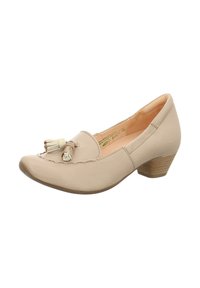 Beige Leder-Damenstiefel mit niedrigem Holzblockabsatz, abgerundeter Spitze und dekorativen Quasten an der Vorderseite. Stickdetails entlang der Kanten.
