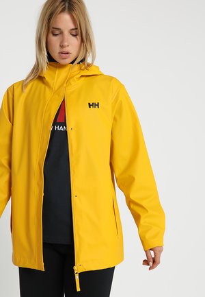 Yellow waterproof jacket with a hood, front zipper, and snap buttons; features a black logo on the chest and smooth synthetic texture.