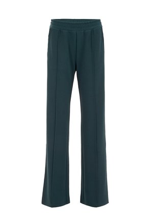 Pantaloni larghi color verde scuro in tessuto testurizzato, con vita elasticizzata e due pince frontali per una maggiore struttura.