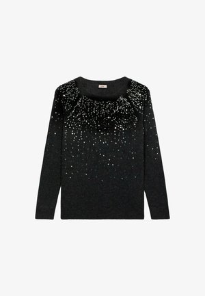 Czarny sweter z okrągłym dekoltem, z rozproszonymi srebrnymi cekinami w górnej części oraz miękką, strukturalną tkaniną.