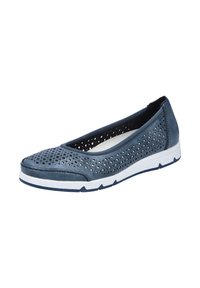 Navy blue ballet flats with a perforated upper design, while featuring a white rubber sole and a rounded toe for comfort.