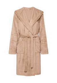 Beżowy szlafrok uszyty z miękkiego, puszystego materiału, z kołnierzem szalowym, paskiem do wiązania i dwiema przednimi kieszeniami. Rękawy długie, długość do kolan.