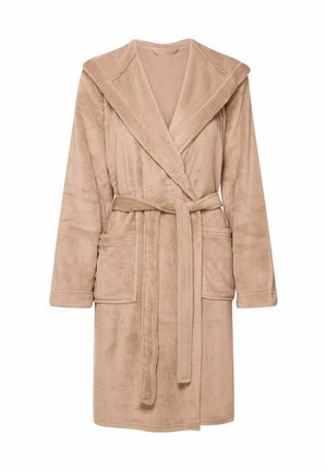 Beige Bademantel aus weichem, plüschigem Stoff mit Schalkragen, Bindegürtel und zwei vorderen Taschen. Lange Ärmel und knielanges Design.