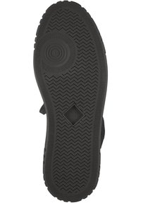 Schwarze Gummisohle mit Zickzackprofil, kreisförmigen Akzenten und einem rechteckigen Markenlogo mit "GANT EST 1949" in der Mitte.