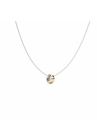 Collana con pendente in oro caratterizzata da un gemma trasparente tonda incastonata in una base circolare in oro giallo, sospesa su una sottile catena d'argento.