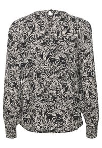 Blusa nera con maniche lunghe, caratterizzata da un motivo botanico bianco a foglia, con una morbida texture e una chiusura con apertura a chiave sul retro.