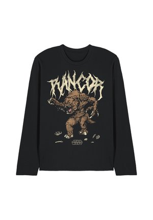 Black long-sleeve shirt with graphic of fierce Rancor creature, sharp claws, bones, and Star Wars logo below.