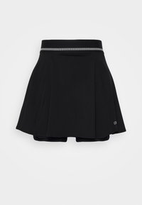 Zwarte sportieve skort met een uitlopende ontwerp, elastische tailleband en zilveren accent. Gemaakt van een gladde, rekbare stof voor comfort.