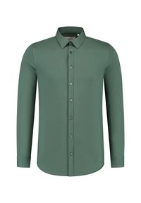Langsleeve blouse met kraag in diep groen, gemaakt van een gladde stof met een knopenfront en een afgeronde zoom. Heeft subtiele stiksels.