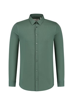 Langärmliges Hemd mit Kragen in einem tiefen Grünton, aus glattem Stoff, mit Knopfleiste und abgerundetem Saum. Verfügt über subtile Stickdetails.