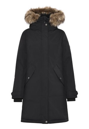 Parka noire avec capuche en fausse fourrure, dotée de deux poches avant diagonales, de boutons-pression et de poignets côtelés pour plus de chaleur.
