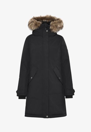 Sort parka med faux fur hætte, der har to skrå forlommer, trykknapper og ribbede mansjetter for ekstra varme.