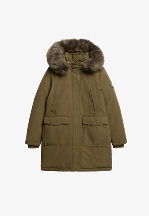 Olijfgroene parka jas met een afneembare nepbontkap, drukknoopsluiting, twee voorkanthouders en een gewatteerde textuur.