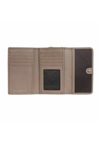 Cartera trifold de cuero color topo con ocho ranuras para tarjetas, ventana para identificación y un bolsillo para monedas con cierre de botón en el lado derecho.