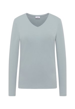 Ljusblå långärmad T-shirt med V-hals, gjord av mjukt tyg, med en slät textur och en enkel, klassisk design.