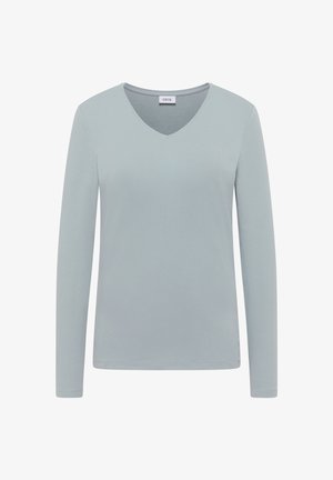 Lyseblå langærmet T-shirt med V-hals, lavet af blødt stof, med en glat tekstur og et enkelt, klassisk design.