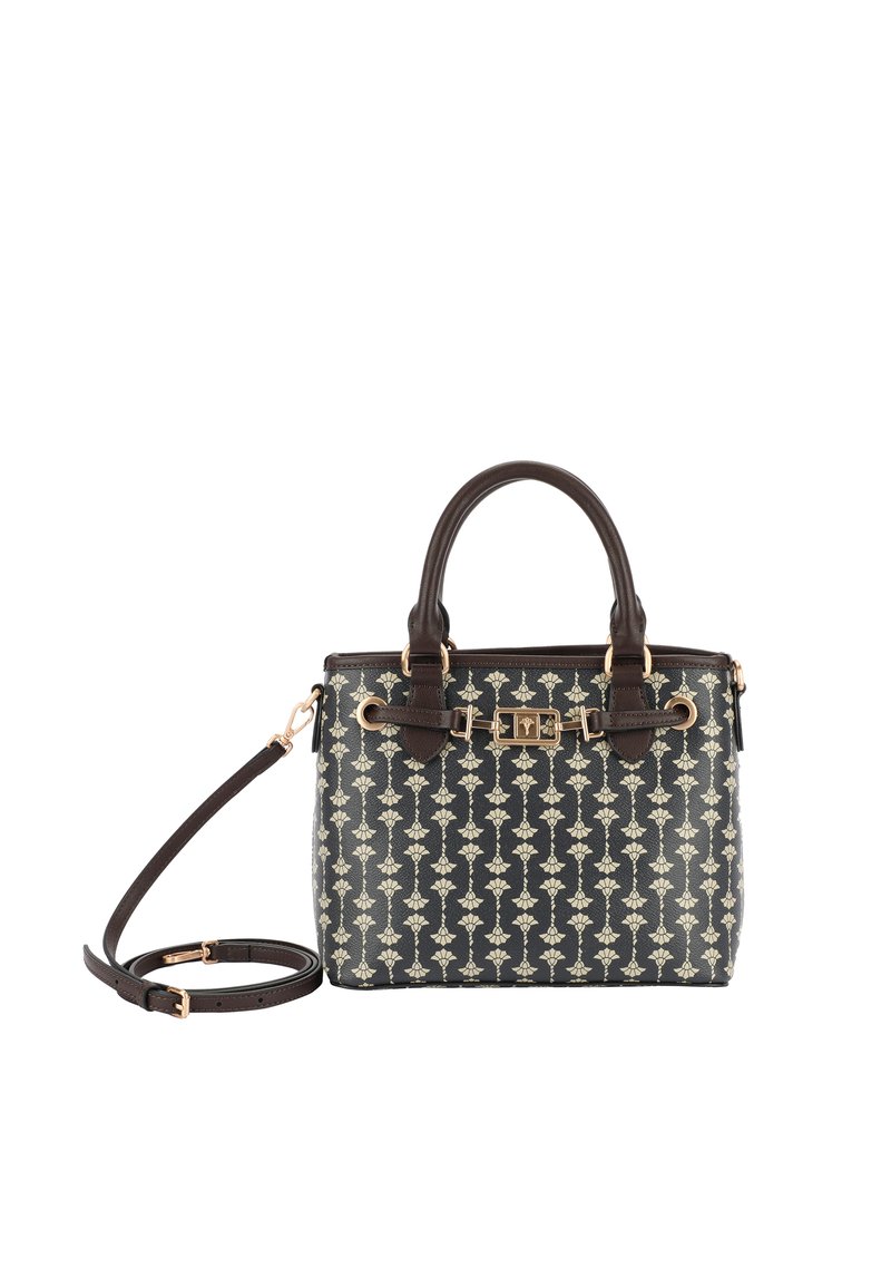 Sac à main noir avec un motif floral crème, accents en cuir brun, doubles poignées et une bandoulière réglable. Détails en métal doré.