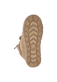 Lichtbruine laars met een gestructureerde rubberen zool, zigzagloopvlak, ritssluiting aan de zijkant en een zachte suède bovenkant. Maat 37 staat op de zool aangegeven.
