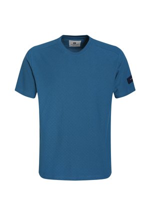 T-shirt blu a maniche corte realizzato in tessuto testurizzato, con scollo rotondo e una piccola etichetta con logo sulla manica sinistra.