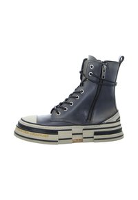 Chunky navy leather ankle boot with a high platform, rounded toe, lace-up front, and side zipper. Features black and beige striped sole.